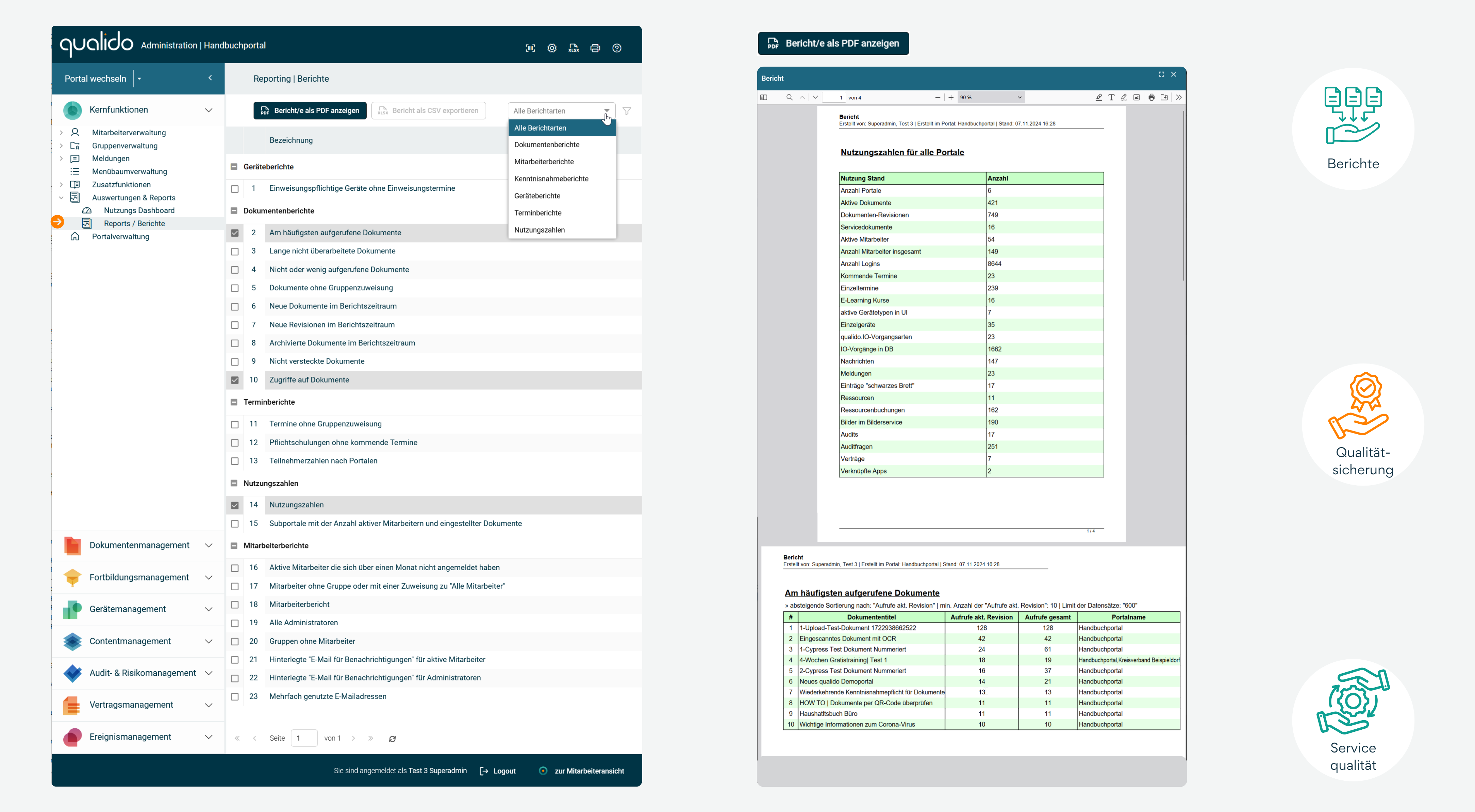 Infografik zeigt Reporting-System mit automatisch generierten QMS-Berichten für Geräte, Dokumente, Termine, Nutzungszahlen und Mitarbeiter zur strukturierten Überwachung, Bewertung und kontinuierlichen Verbesserung des Qualitätsmanagementsystems