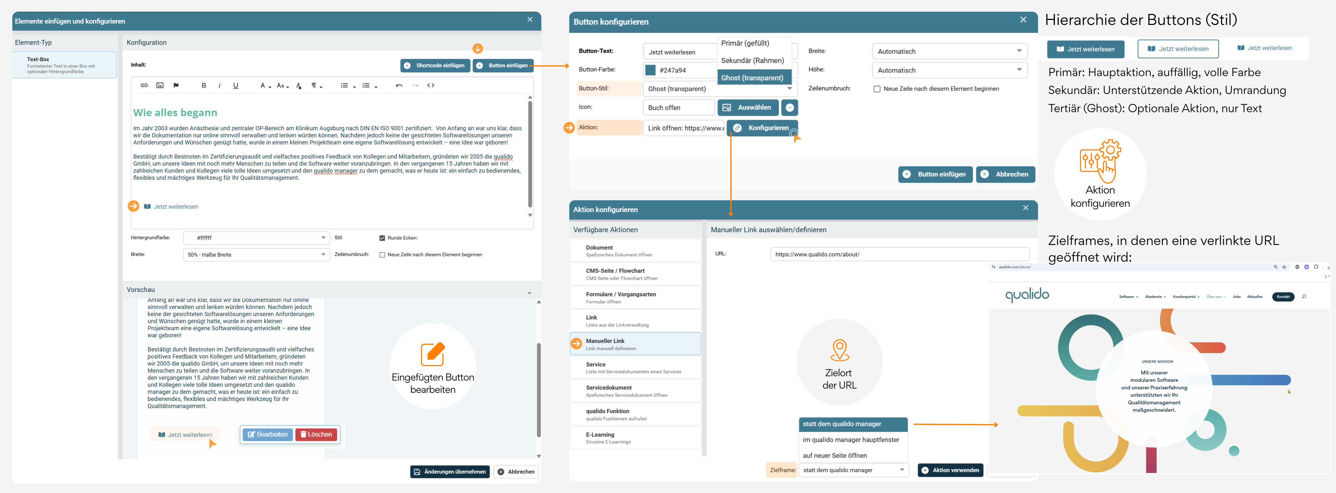 Screenshot des qualido-Pagebuilders, der Schritt für Schritt zeigt, wie in einem Text-Box-Element ein Button erstellt und konfiguriert wird. Im Editor wird die Text-Box angepasst (Text, Hintergrundfarbe, Breite, Stil) und anschließend ein Button eingefügt. Im Konfigurationsmenü werden Button-Text, Farbe, Stil (Primär, Sekundär oder Ghost), optionales Icon und die gewünschte Aktion (z. B. Link, CMS-Seite, Formular oder externe URL wie https://www.qualido.com/about/ ) definiert. In der Vorschau erscheint der fertig gestaltete, klickbare Button mit gespeichertem Layout. Aktion kornfigurieren