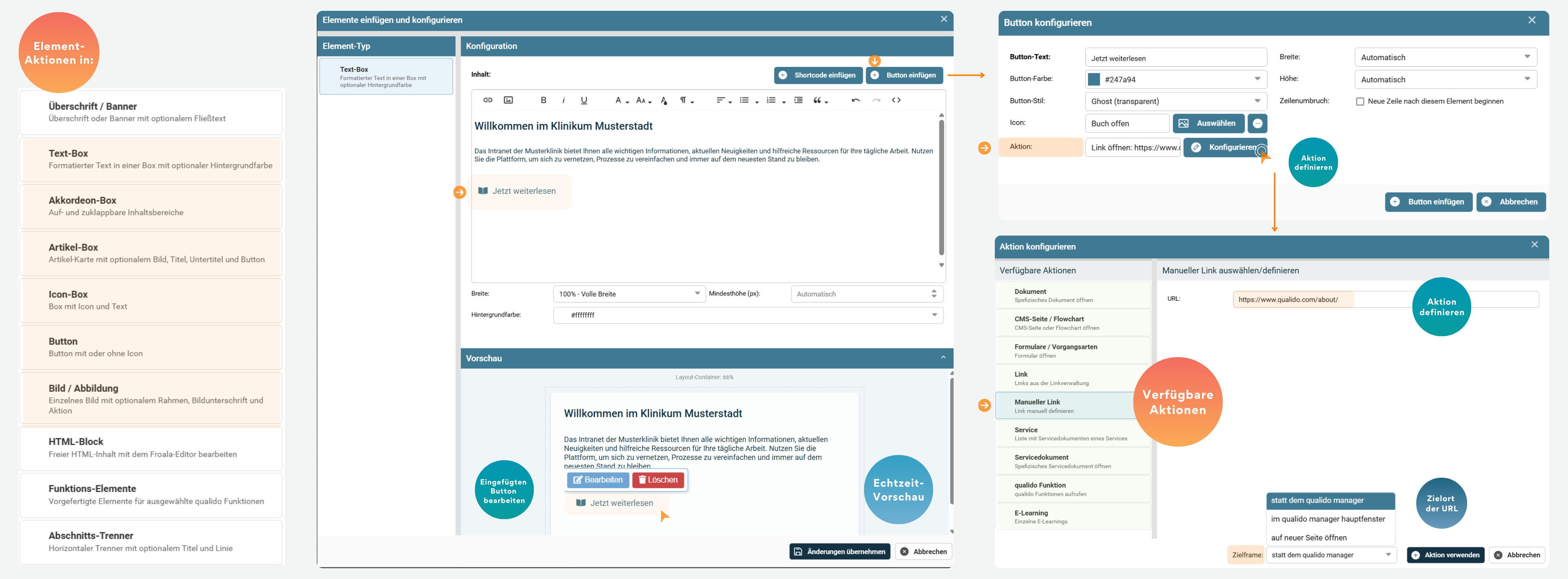 Konfigurationsoberfläche des qualido CMS-Systems zur Einrichtung von Element-Aktionen und Button-Verknüpfungen für die Klinikum Musterstadt Webseite