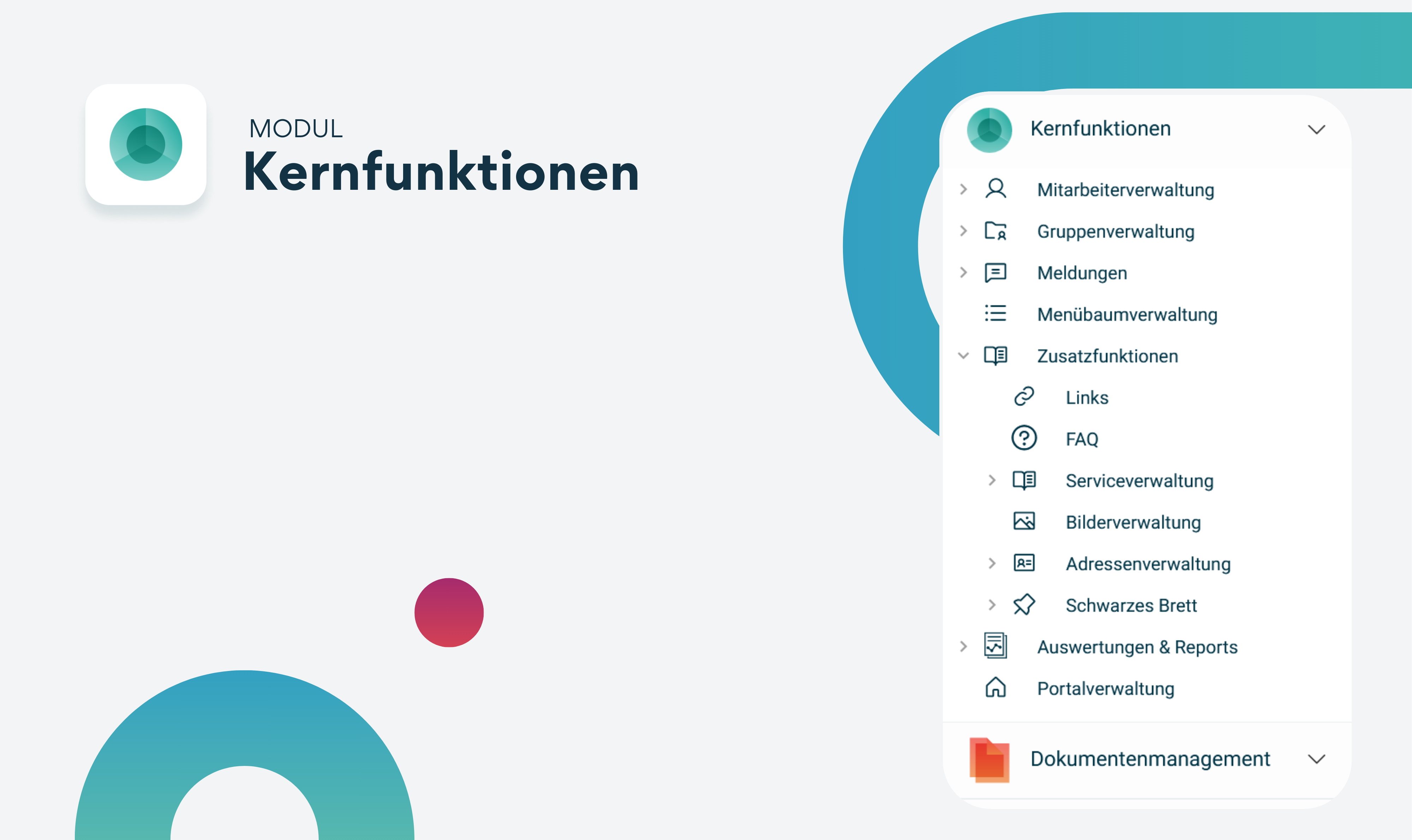Screenshot zeigt die Menüoberfläche der Kernfunktionen des Qualido Managers