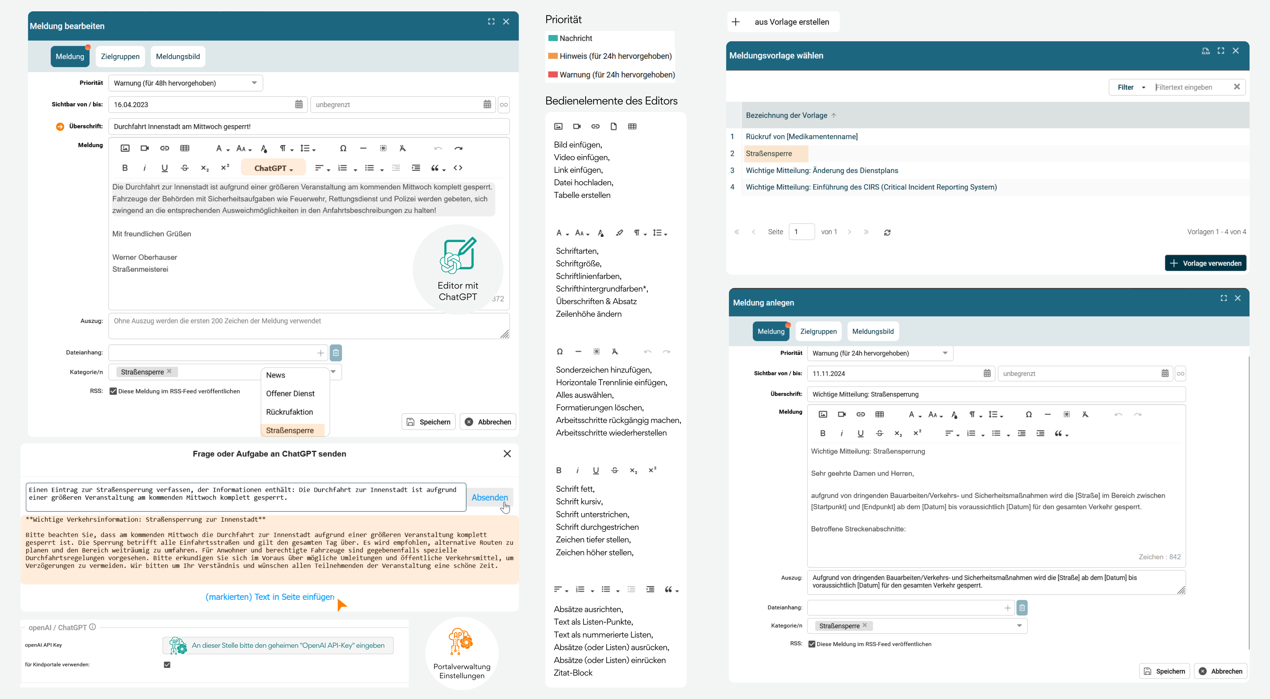 Meldung anlegen Infografik zeigt Meldungserstellungs-Interface mit umfassenden Konfigurationsoptionen: Prioritätsauswahl (Nachricht/Hinweis/Warnung), Zeitraum für Sichtbarkeit, Überschrift- und Meldungstextfelder mit Formatierungsmöglichkeiten, Auszug-Option, Dateianhang-Upload, Kategoriezuordnung und RSS-Feed-Option