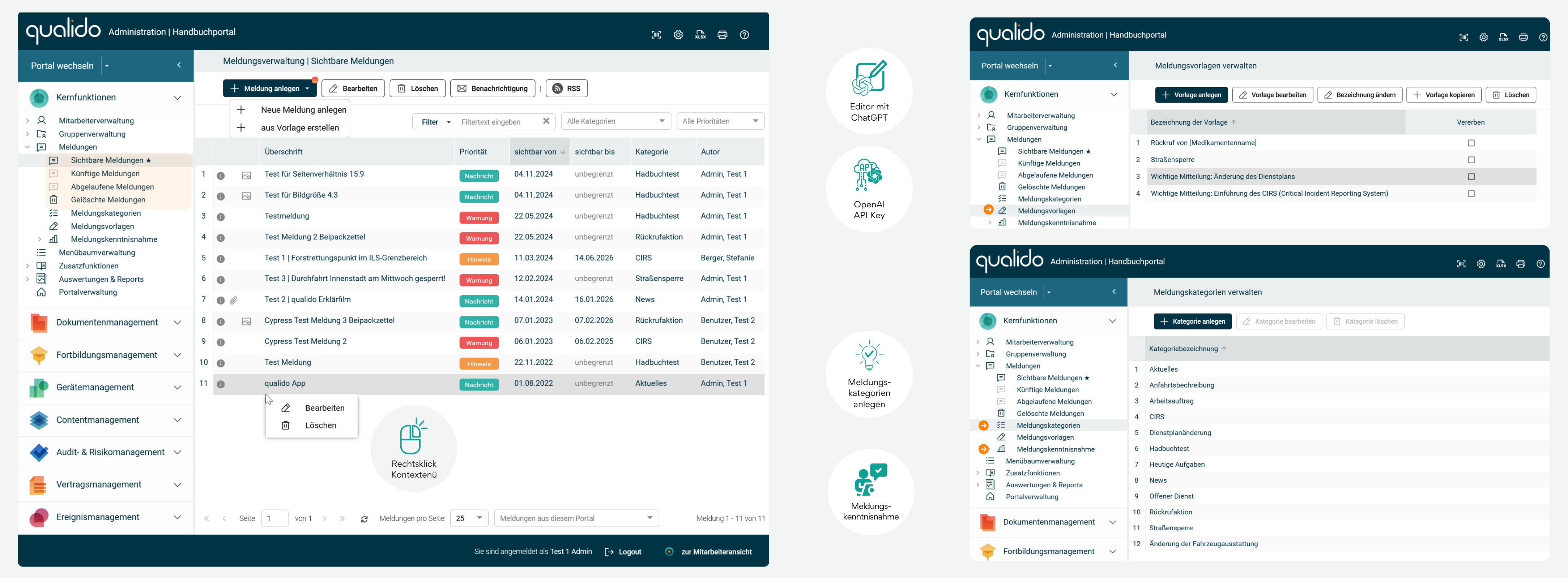 Meldungsverwaltung Infografik zeigt Meldungsverwaltungs-Interface mit zweispaltiger Struktur: linker Navigationsbereich für Meldungsansichten, Kategorien, Vorlagen und Kenntnisnahmen sowie Hauptfenster mit Verwaltungsliste, Werkzeug- und Filterleiste und kontextspezifischen Rechtsklick-Optionen.