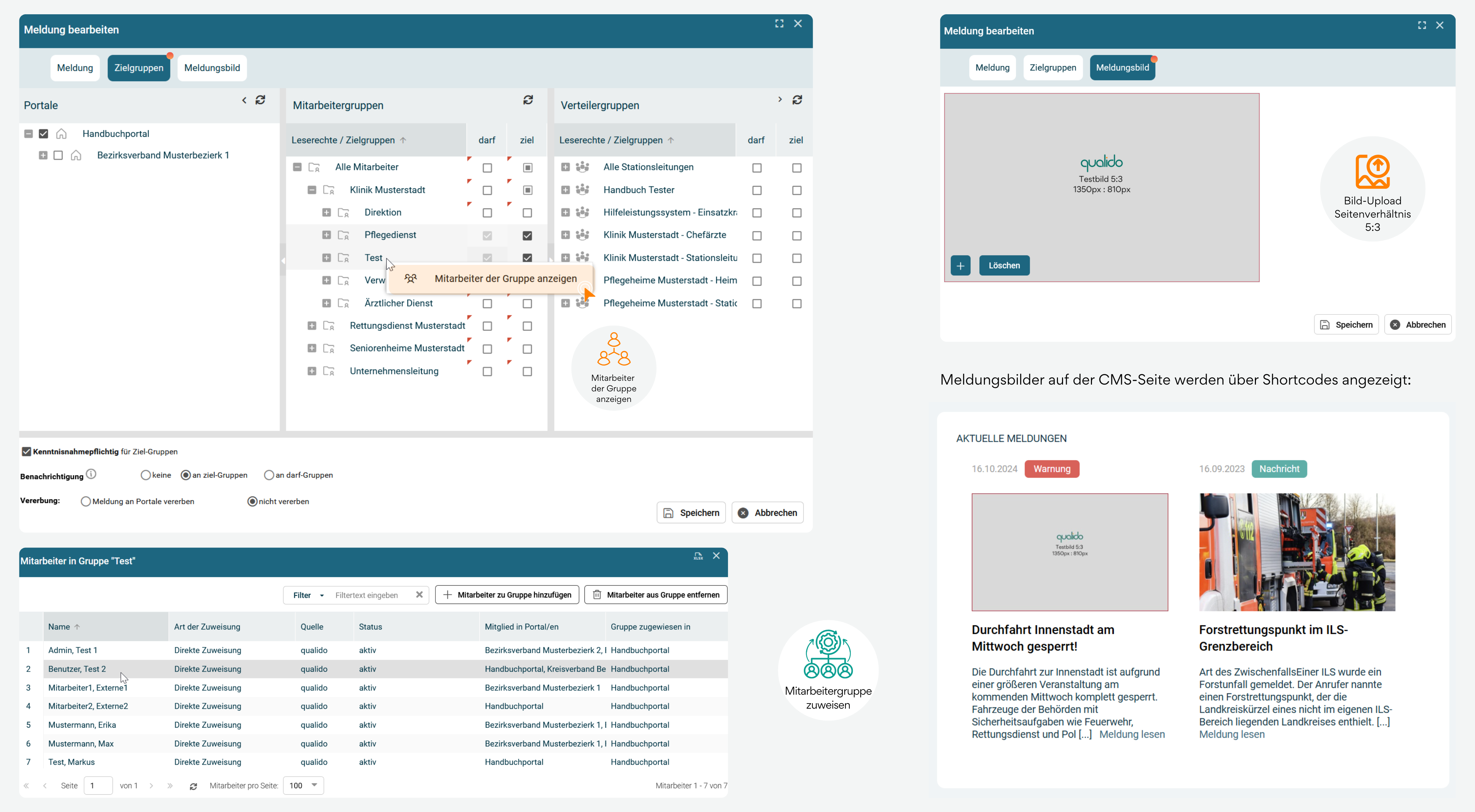 Zielgruppen und Meldungsbild Infografik zeigt Meldungsveröffentlichungs-Interface mit drei Hauptbereichen: Portalauswahl links für zielgerichtete Veröffentlichung, Mitarbeitergruppen-Management in der Mitte mit Lese- und Zielgruppenoptionen, sowie Meldungsbild-Upload-Bereich mit 5:3-Seitenverhältnis-Anforderung und Formatierungsrichtlinien für optimale Darstellung