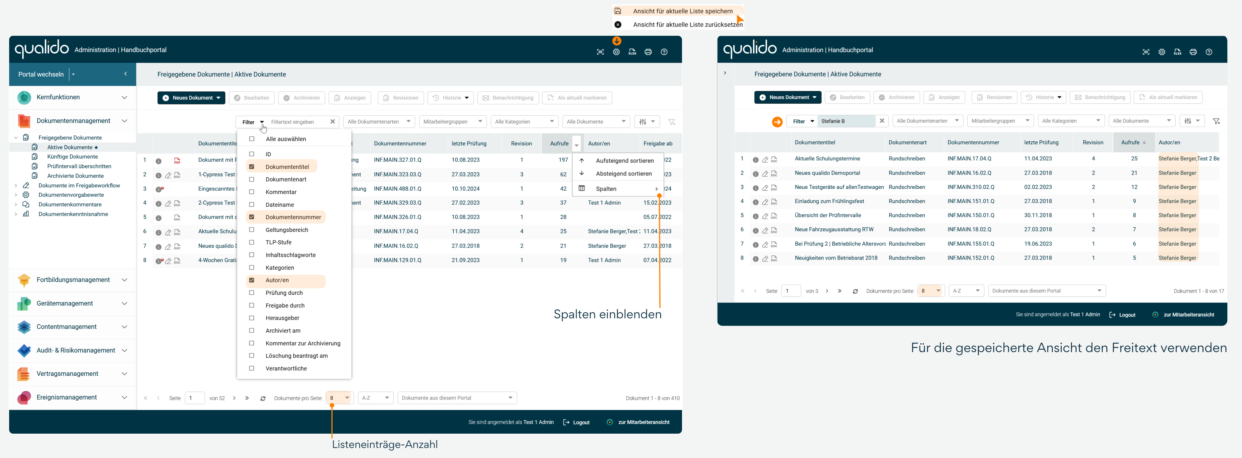 Neue Funktion zum Listenansicht-Speichern der ausgewählten Freitextfelder und der Einstellung 'Einträge pro Seite' in der Navigationsfußleiste.