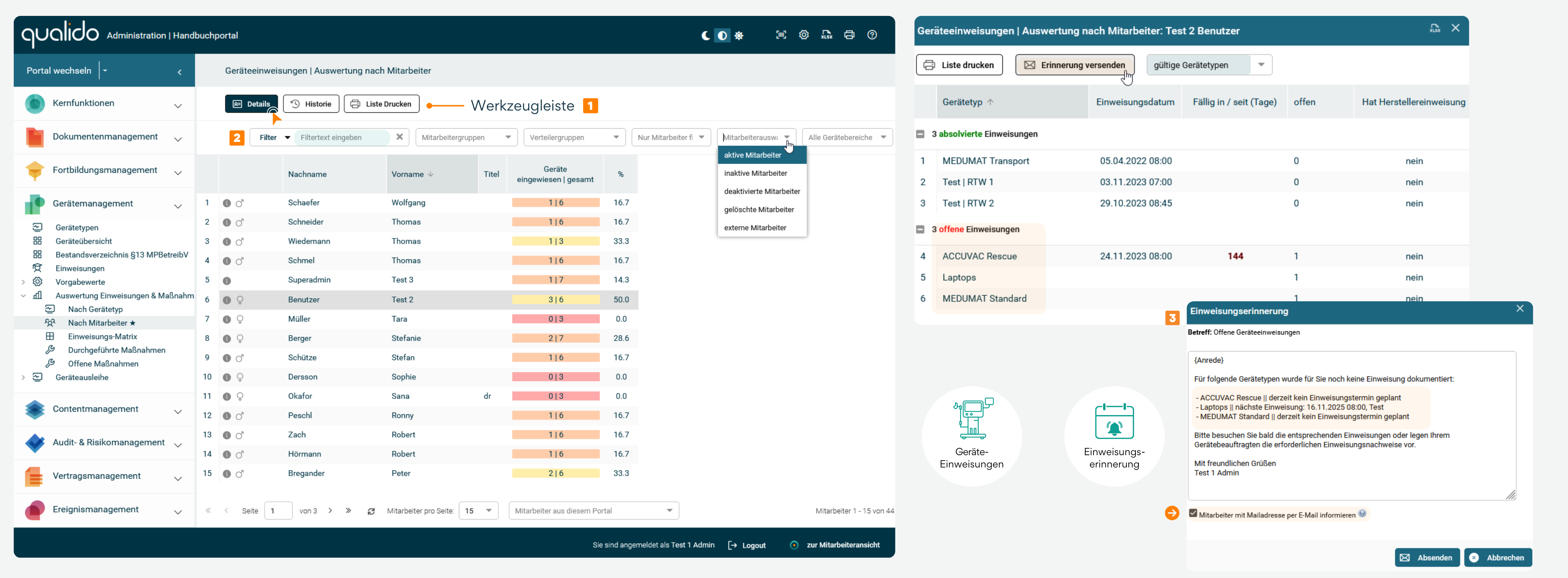 Infografik zeigt die Mitarbeiterauswertung im qualido manager mit Filterfunktionen, Einweisungsübersicht und Werkzeugleiste zur Anzeige von Einweisungsdetails, Historie, Druckoptionen und dem Versand von Einweisungserinnerungen – unterstützt die Schulungsplanung durch transparente Darstellung absolvierte und offener Geräteeinweisungen nach Mitarbeitenden
