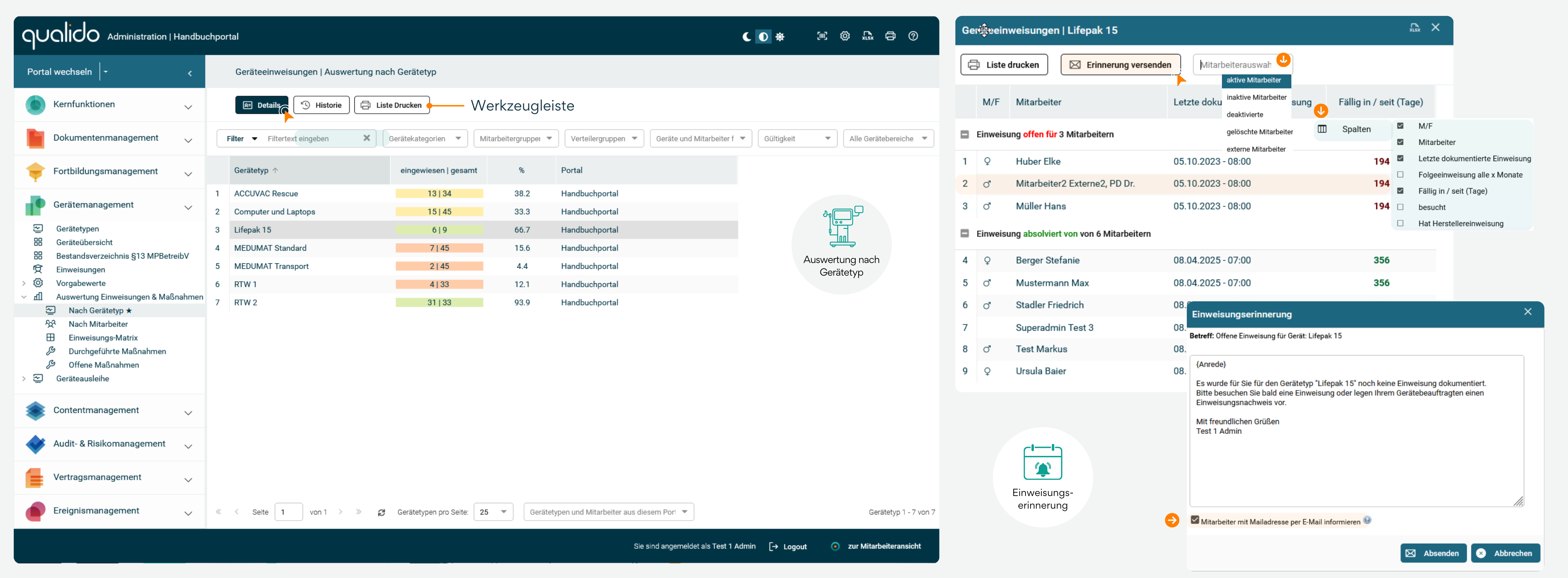 Infografik zeigt die Auswertung von Geräteeinweisungen im qualido manager mit Anzeige des Einweisungsstands nach Gerätetyp, differenziert nach offenen und absolvierten Einweisungen je Mitarbeitendem. Berechtigte Administratoren erhalten Zugriff auf Detailansicht, Einweisungshistorie, Druckfunktion und Erinnerungssystem für ausstehende Einweisungen per E-Mail oder qualido-Nachricht.