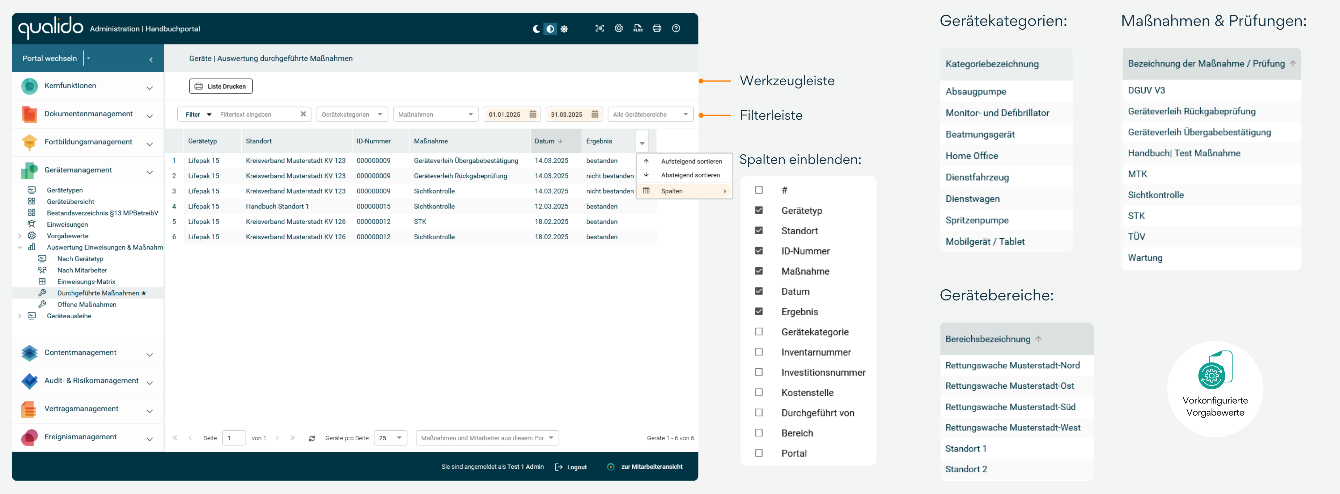 ;Infografik zeigt übersichtliche Auswertung durchgeführter Gerätemaßnahmen mit flexibler Zeitraumfilterung, umfassenden Filtermöglichkeiten (Freitextfilter, Gerätekategorien, Maßnahmen- und Prüfungstypen, Datumsbereiche und Gerätebereiche) und vorkonfigurierbaren Werten für effizientes Gerätemanagement und Compliance-Nachweis