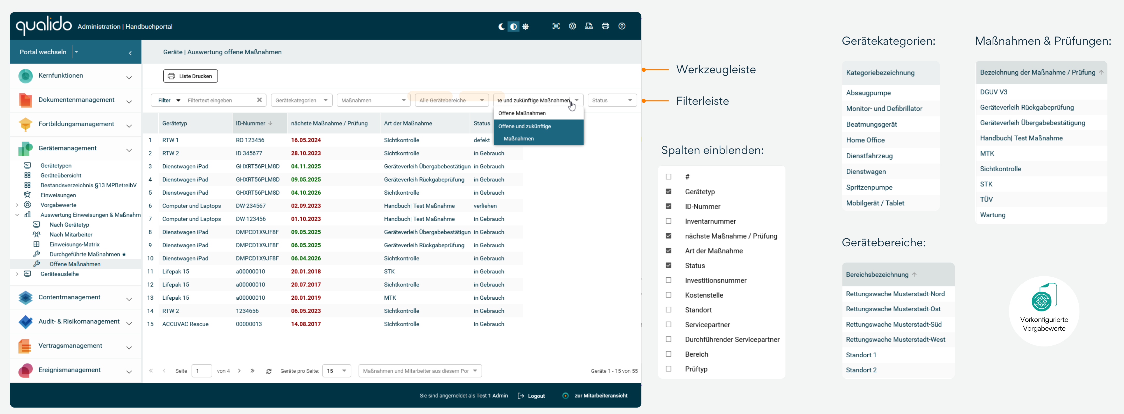 Infografik zeigt eine Übersicht sämtlicher aktuell überfälliger Gerätemaßnahmen mit Navigationselementen wie Freitextsuche, Filtern nach Gerätekategorien, Maßnahmentypen, Gerätebereichen sowie Optionen zur Filterung nach offenen und zukünftigen Maßnahmen und Gerätestatus; Fälligkeitstermine sind zur besseren Orientierung farblich markiert, überfällige Maßnahmen in dunkelrot und zukünftige Maßnahmen in grün dargestellt.