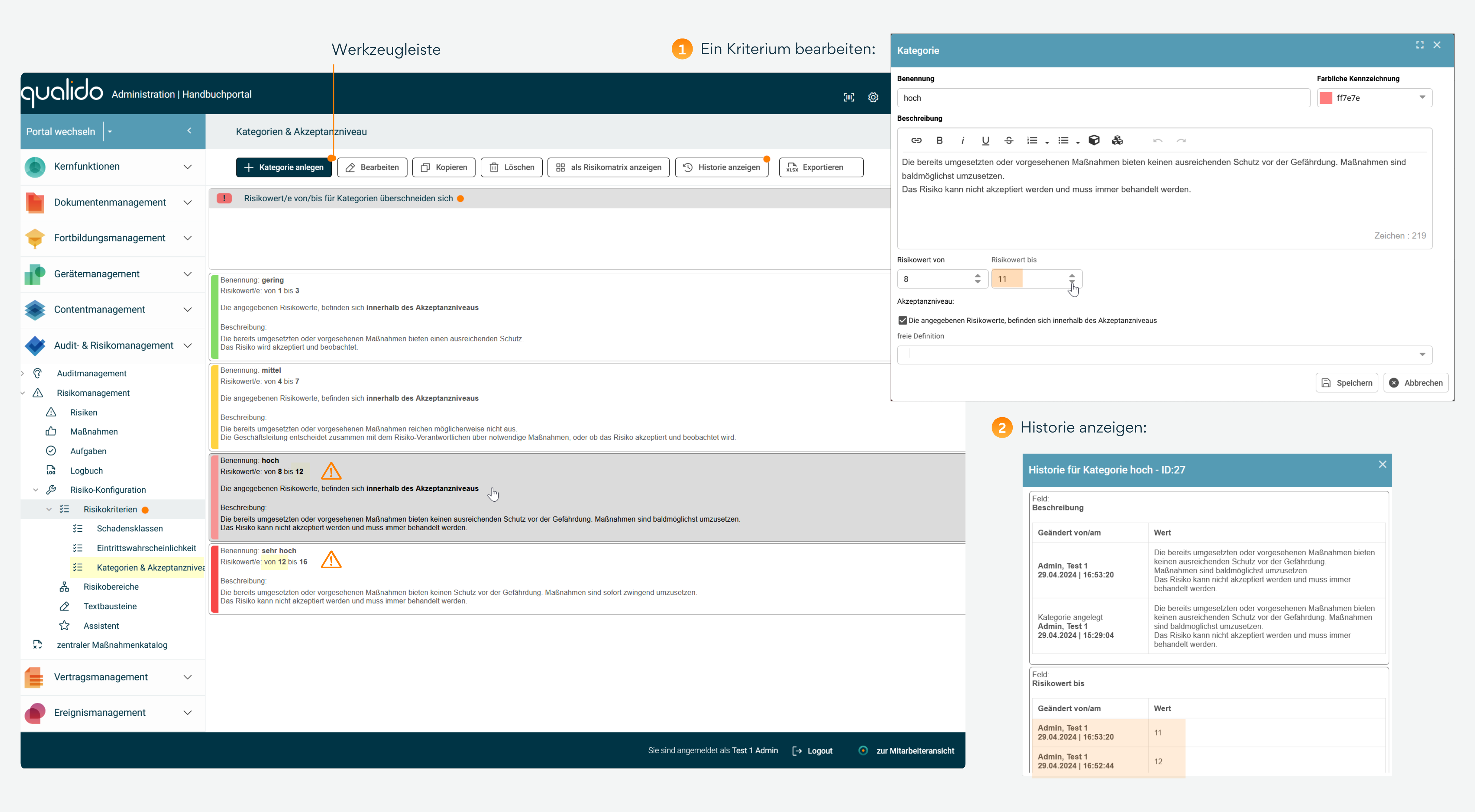 Infografik zeigt Risikokriterien-Werkzeugleiste mit Funktionen zum Anlegen, Bearbeiten, Kopieren und Löschen von Kriterien sowie Optionen für Risikomatrix-Anzeige, Bearbeitungshistorie und CSV-Export