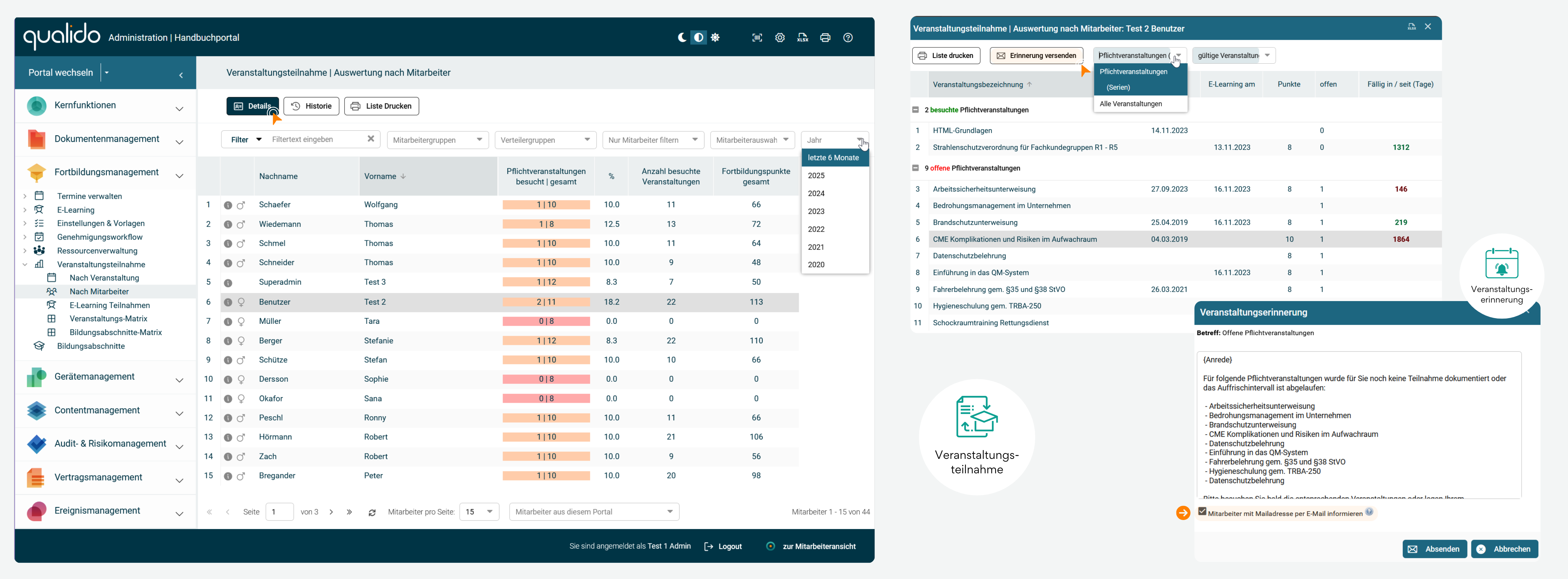Infografik zur Auswertung von Veranstaltungsteilnahmen nach Mitarbeiter im qualido manager. Gezeigt wird der Ablauf von der Auswahl der Mitarbeiter über die Filtermöglichkeiten bis hin zur Anzeige des Schulungsstands. Enthalten sind Funktionen wie Detailansicht, Historie vergangener Teilnahmen, Druck- und Exportoptionen sowie das Versenden von Erinnerungen per E-Mail oder qualido-Nachricht. 