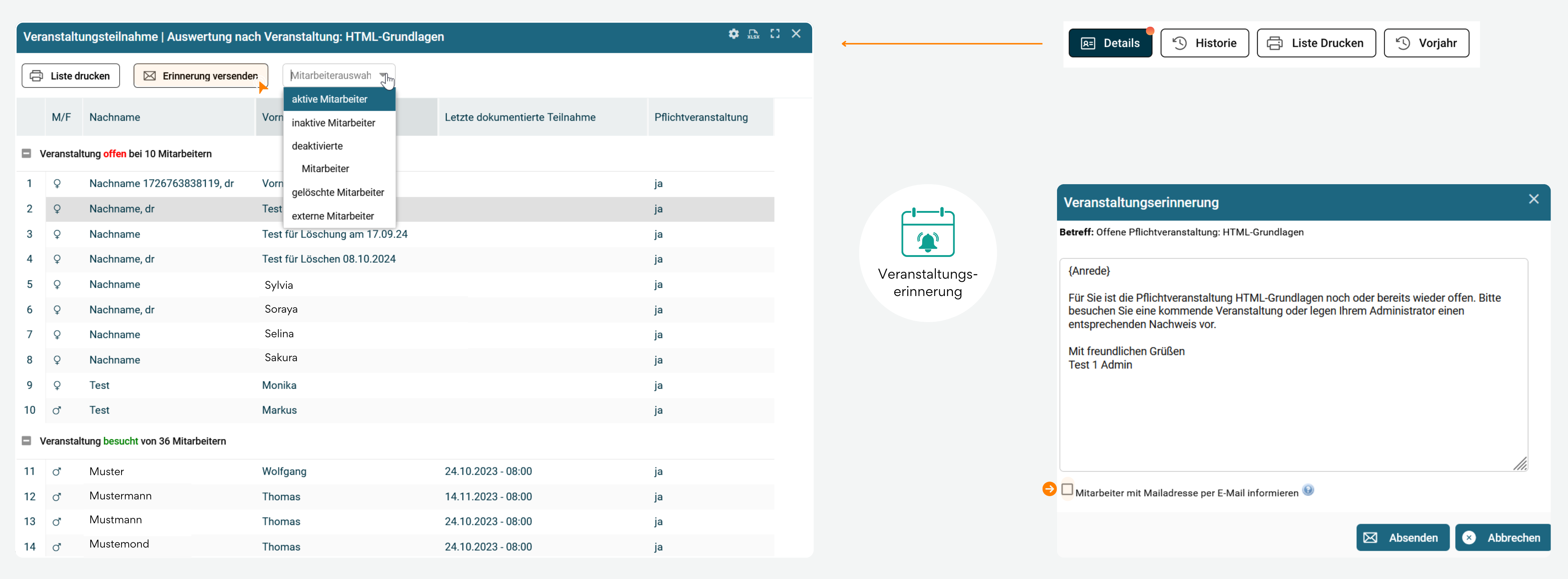Infografik zum Versenden von Veranstaltungserinnerungen: Schulungsstatus wird als „offen“ oder „besucht“ angezeigt. Nach Auswahl der Mitarbeitenden mit offenem Status kann eine Erinnerung per E-Mail oder über das qualido-System versendet werden – mit anpassbarem Nachrichtentext.