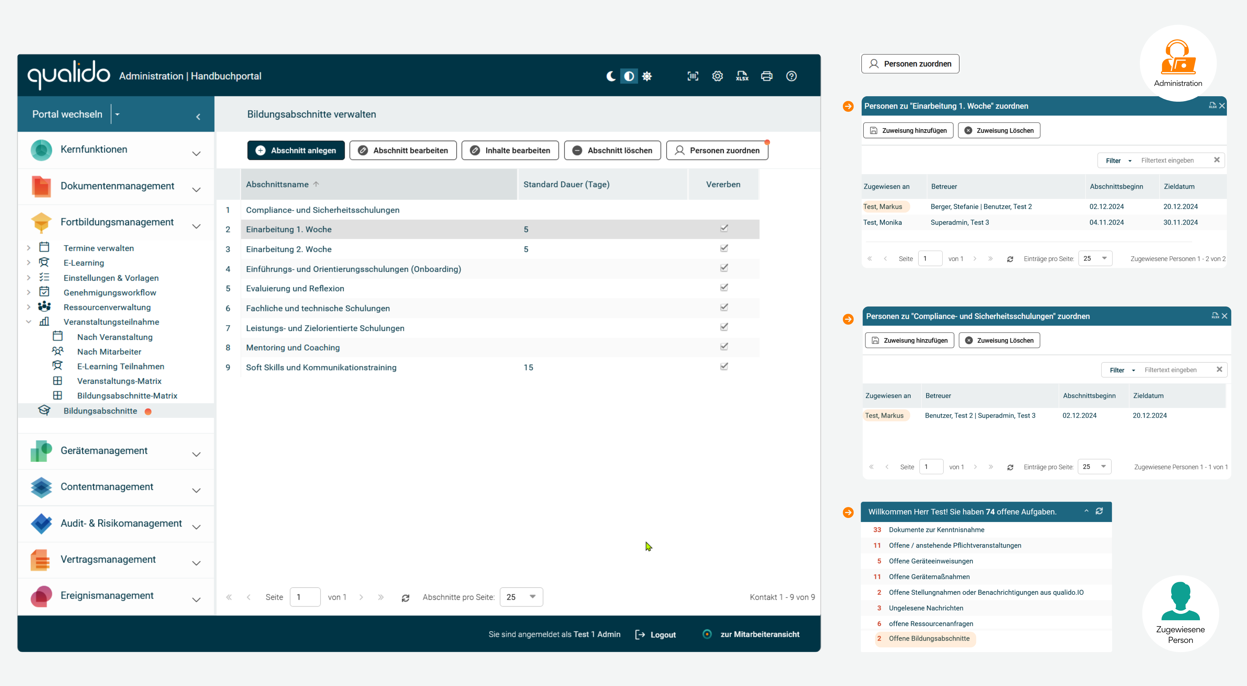 Infografik zum neuen Bildungsabschnitts-Modul im qualido manager©: Darstellung der Möglichkeit, strukturierte (Einarbeitungs-)Aufgaben, verpflichtende Schulungen, Dokumente, Fortbildungen, Formulare und Gerätetypen modulübergreifend zu bündeln. Nutzer und Betreuer können Aufgaben thematisch oder zeitlich sortieren, zuweisen und den Fortschritt überwachen. Neue Funktionen in der Werkzeugleiste: Abschnitt anlegen, bearbeiten, Inhalte verwalten, löschen und Personen zuordnen.