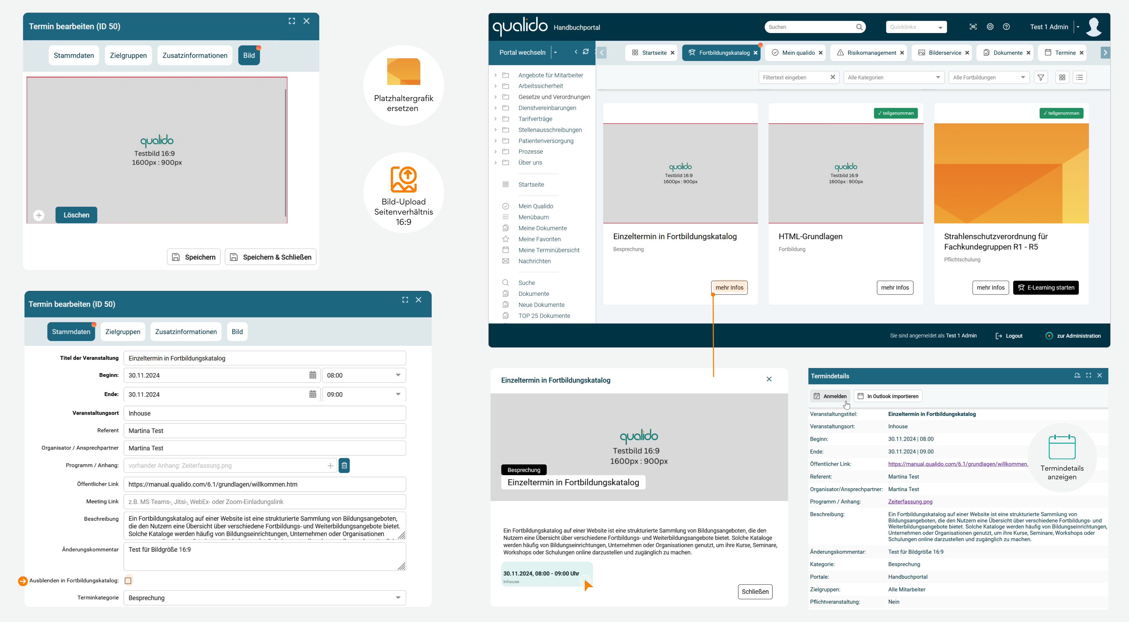 Screenshot des qualido Fortbildungsmanagements mit vier Hauptansichten. Links oben: Dialog "Termin bearbeiten", Tab "Bild" mit Bildupload-Bereich (Format 16:9, 1600x900px) und Platzhalter. Links unten: Tab "Stammdaten" mit Veranstaltungsformular für "Einzeltermin in Fortbildungskatalog" am 30.11.2024, 08:00-09:00 Uhr, Referent Martina Test, Terminkategorie Besprechung. Rechts oben: qualido Handbuchportal mit Navigationsmenü und drei Fortbildungskacheln (Einzeltermin, HTML-Grundlagen, Strahlenschutzverordnung). Rechts unten: Detailansicht-Dialog mit vollständigen Termindetails zur ausgewählten Veranstaltung.