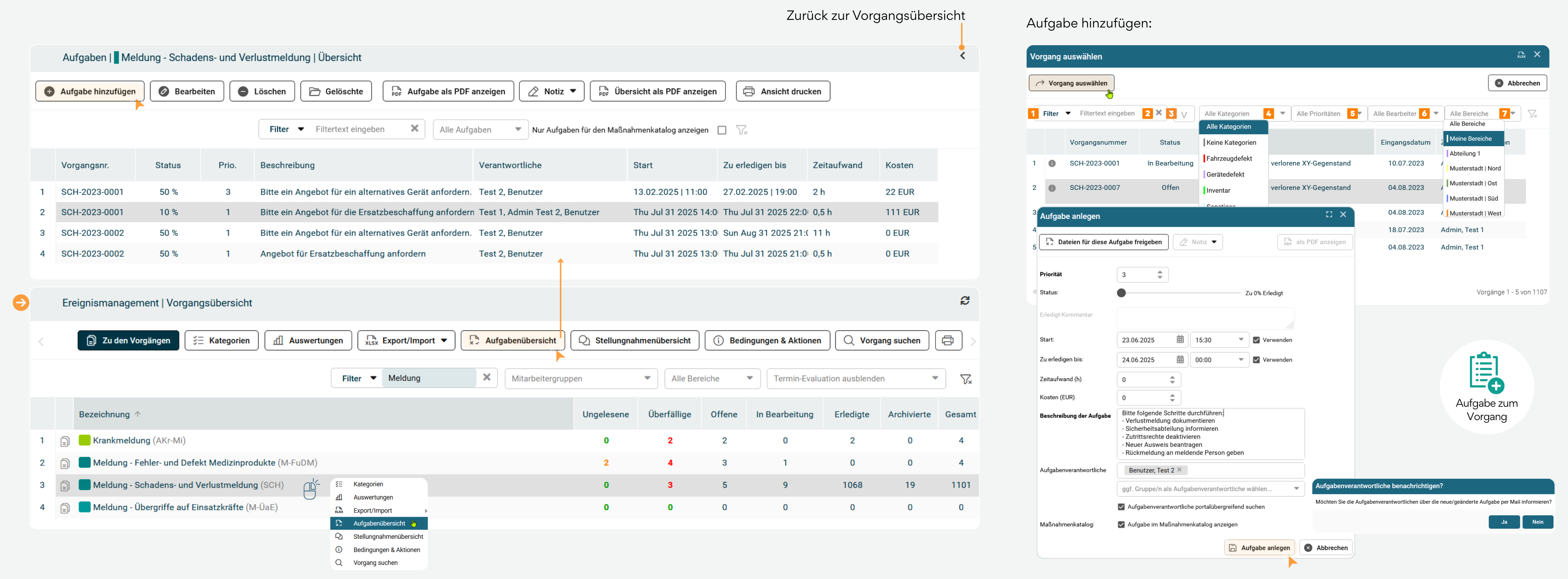 Der Screenshot zeigt den Ablauf zur Erstellung einer neuen Aufgabe in qualido.IO. Im linken Bereich ist die Aufgabenübersicht der Vorgangsart „Meldung – Schadens- und Verlustmeldung“ geöffnet. Oben befindet sich die Schaltfläche „Aufgabe hinzufügen“. Nach dem Klick öffnet sich rechts im Bild das Fenster „Vorgang auswählen“. Dort kann ein Vorgang aus einer Liste ausgewählt werden. Zur Eingrenzung der Auswahl stehen mehrere Filter zur Verfügung, zum Beispiel ein Freitextfilter, ein Filter für Kategorien, Prioritäten, Bearbeitende und Bereiche. Mehrere Filter lassen sich miteinander kombinieren. Mit einem Klick auf das Trichtersymbol werden alle gesetzten Filter zurückgesetzt. Nach Auswahl eines Vorgangs erscheint das Formular „Aufgabe anlegen“. Hier können Informationen zur Aufgabe eingetragen werden, etwa Priorität, Status, Startzeitpunkt, Fälligkeitsdatum, Zeitaufwand, Kosten sowie eine Aufgabenbeschreibung. Außerdem kann ein Aufgabenverantwortlicher oder eine Gruppe zugewiesen werden. Optional kann die Aufgabe im Maßnahmenkatalog angezeigt werden. Am Ende des Formulars gibt es die Schaltflächen „Aufgabe anlegen“ zum Speichern und „Abbrechen“ zum Verwerfen. Der Screenshot stellt den gesamten Ablauf übersichtlich dar – von der Auswahl des Vorgangs bis zur vollständigen Aufgabenanlage.
