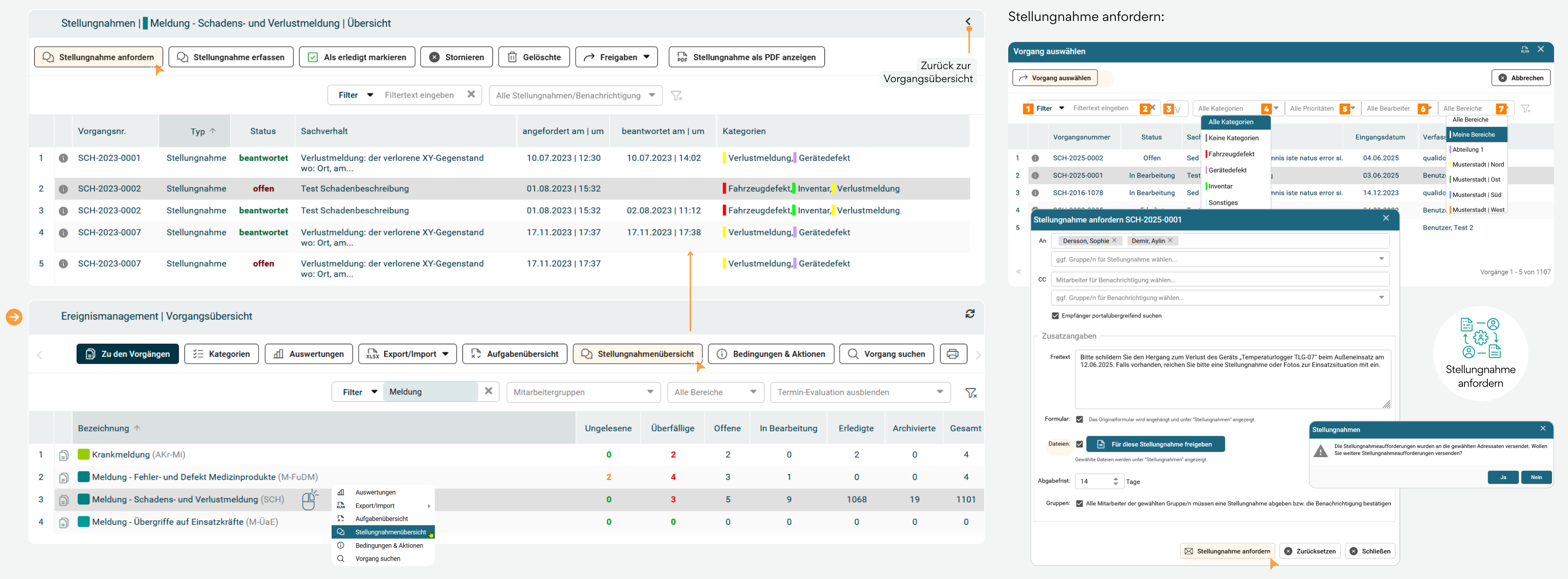 Die Grafik zeigt den vollständigen Ablauf zur Anforderung einer Stellungnahme im qualido manager – beginnend mit der Vorgangsauswahl über die Filtermöglichkeiten bis hin zum ausgefüllten Anforderungsformular. Zu sehen ist die Stellungnahmenübersicht mit Bearbeitungsstatus (offen, beantwortet), die Filterfunktionen zur gezielten Auswahl von Vorgängen (z. B. nach Kategorie, Priorität, Bereich) sowie das Formularfeld zur Auswahl von Empfängern, Freigabe von Dateien und Definition der Abgabefrist. Die Benutzerführung wird durch Pfeile und Beschriftungen anschaulich visualisiert.