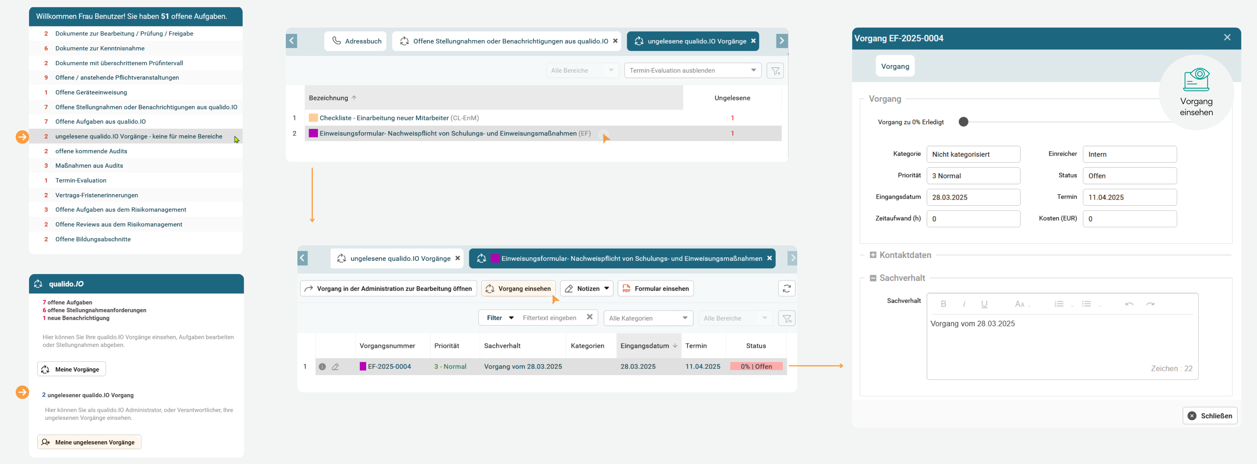 Die Abbildung zeigt eine Benutzeroberfläche des qualido.IO-Systems mit dem Fokus auf die Bearbeitung von Vorgängen über ein hinterlegtes Formular. Links wird die Aufgabenübersicht der Benutzerin dargestellt, inklusive offener Punkte wie Dokumente, Audits und Stellungnahmen. In der Mitte ist ein spezifischer Vorgang (EF-2025-0004) aus dem Bereich „Einweisungsformulare“ geöffnet, wobei Details wie Priorität, Termin und Bearbeitungsstatus ersichtlich sind. Rechts wird die Detailansicht des Vorgangs eingeblendet, inklusive Status, Einreicherdaten und Beschreibung des Sachverhalts.