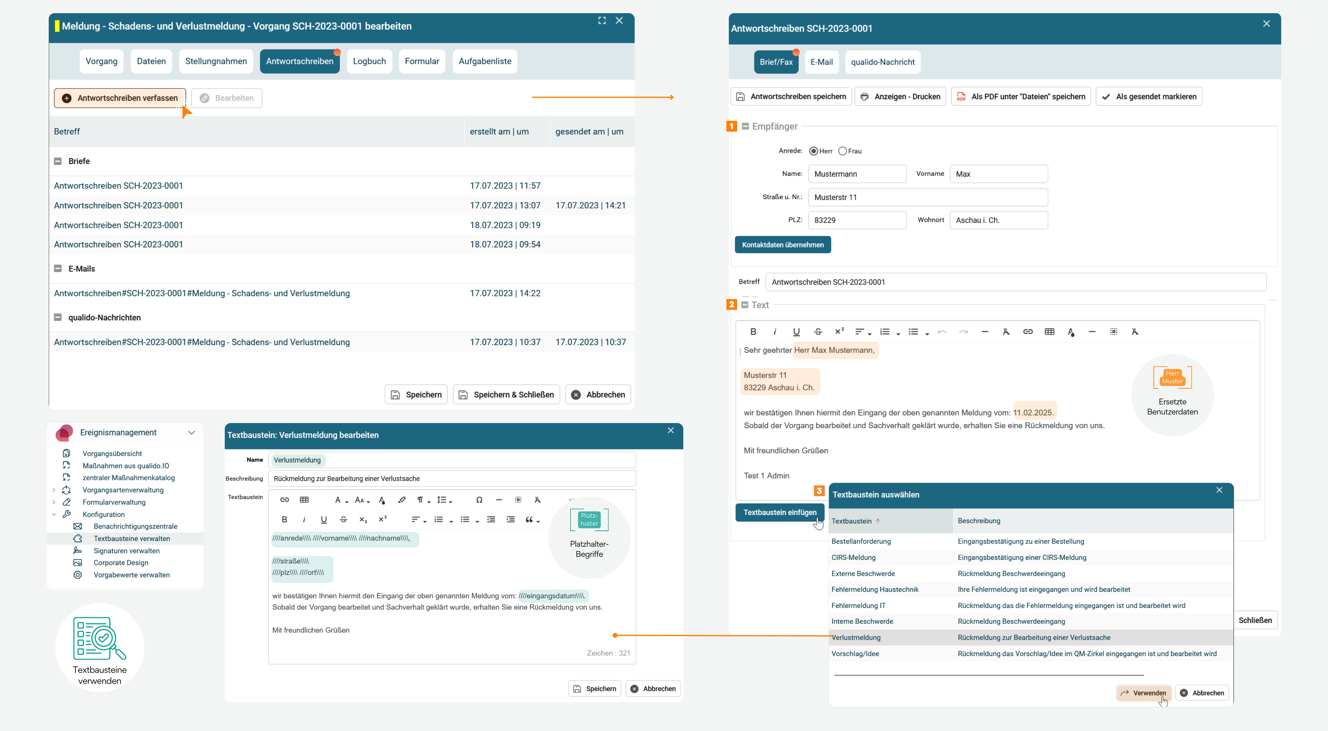 Screenshot des Reiters „Antwortschreiben“, der drei verschiedene Möglichkeiten zur programmgestützten Erstellung von Antwortschreiben zeigt, wie z. B. die Eingangsbestätigung für eine Beschwerde.