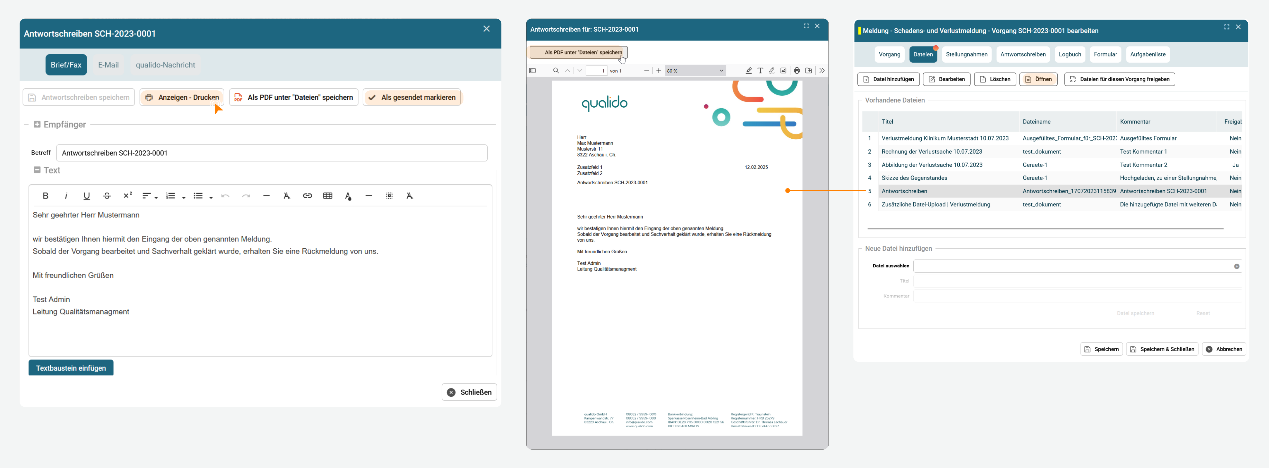 Screenshot der Schaltfläche „Anzeigen - Drucken“, die es ermöglicht, das Antwortschreiben zusammen mit den Kontaktdaten des Empfängers direkt als PDF auf dem Briefkopf anzuzeigen.