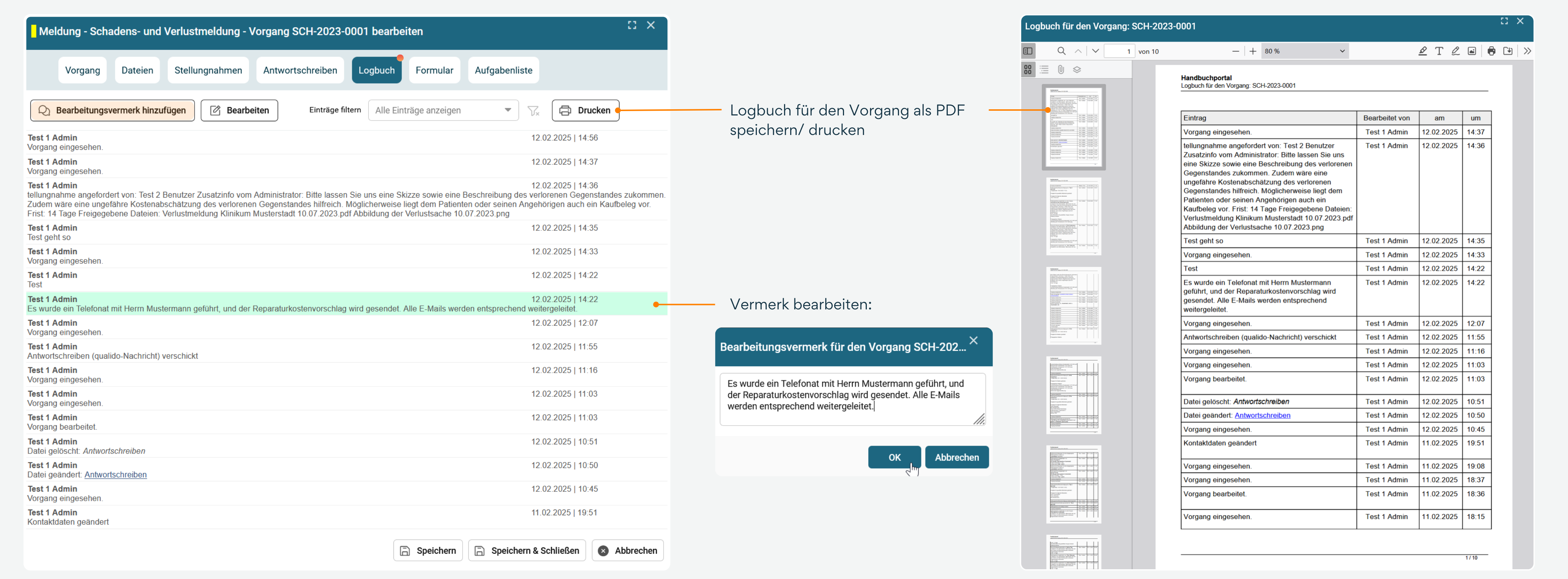  Infografik, die zeigt, wie das Logbuch den gesamten Bearbeitungsverlauf eines Vorgangs detailliert nachverfolgt – von der Erfassung des Vorgangs über die Anforderung von Stellungnahmen bis hin zur Erstellung des Antwortschreibens und der abschließenden Erledigung.