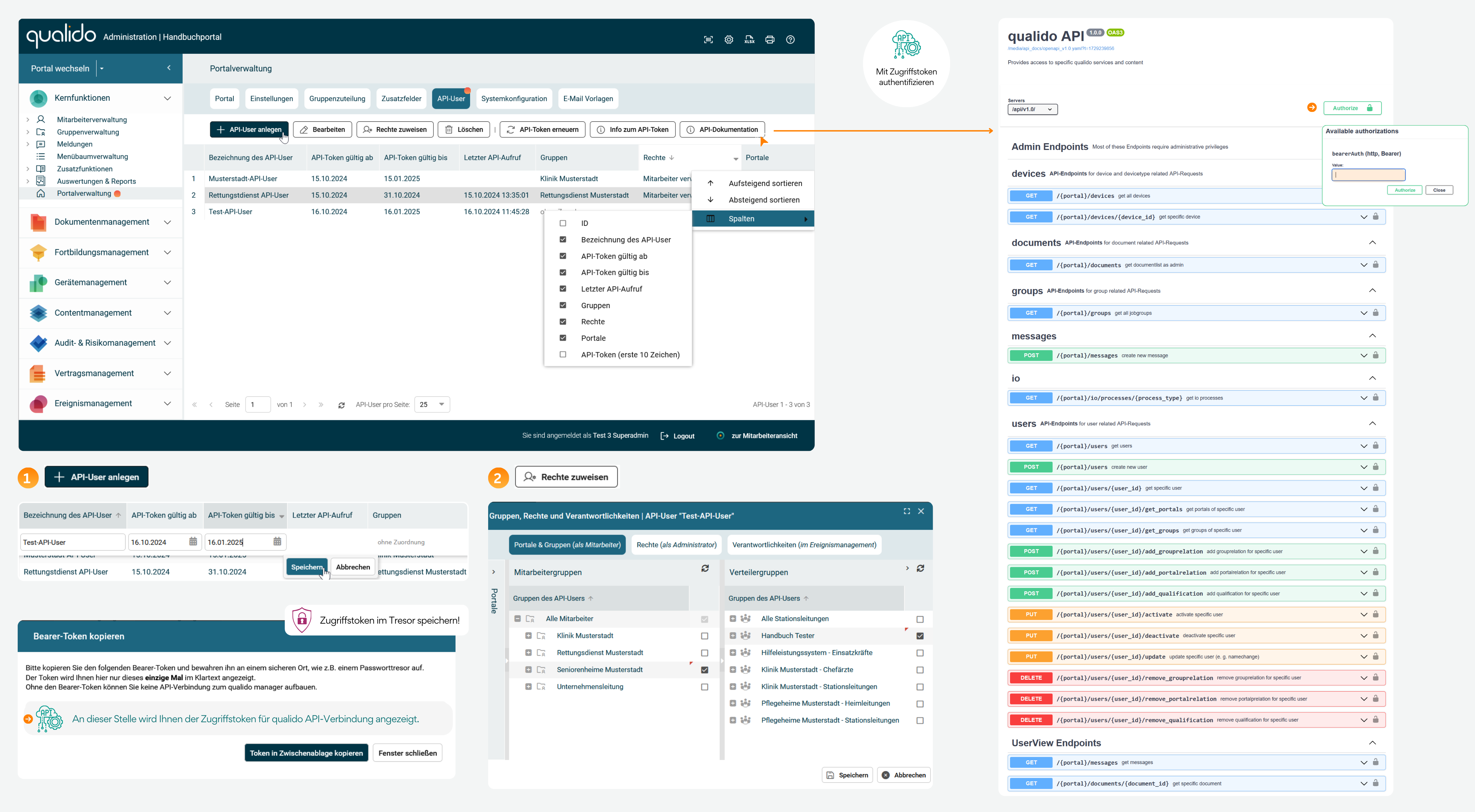 Infografik zeigt qualido REST-API-Dokumentation mit verfügbaren Ressourcen und Operationen für Benutzer- und Gruppenverwaltung im standardisierten OpenAPI-Format