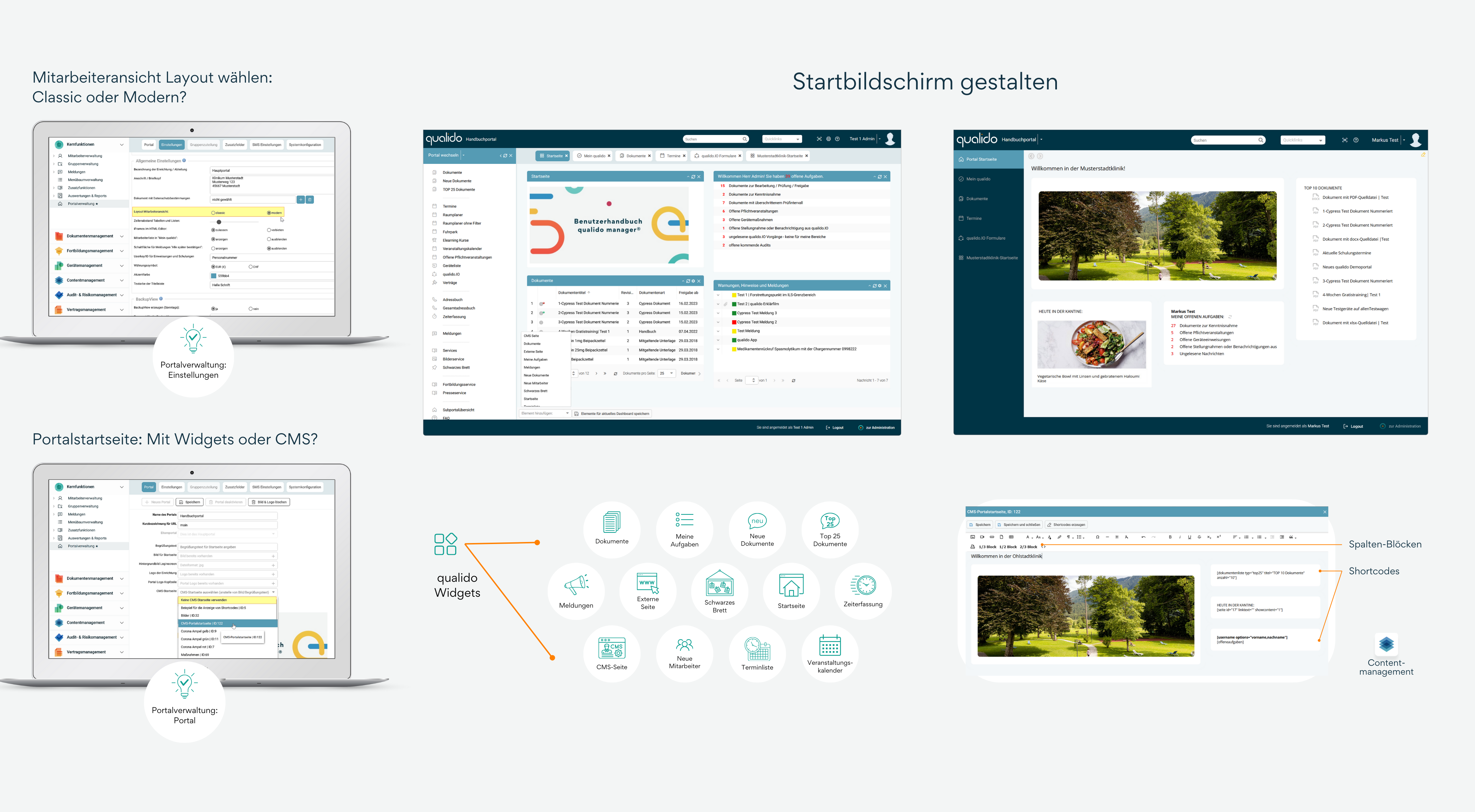 Infografik zeigt Screenshots des Startbildschirms in der Mitarbeiteransicht. Die Darstellung hebt die Anpassungsmöglichkeiten für Super- oder Portaladministratoren hervor, die es ihnen ermöglichen, den Startbildschirm nach den Bedürfnissen ihrer Einrichtung zu gestalten.