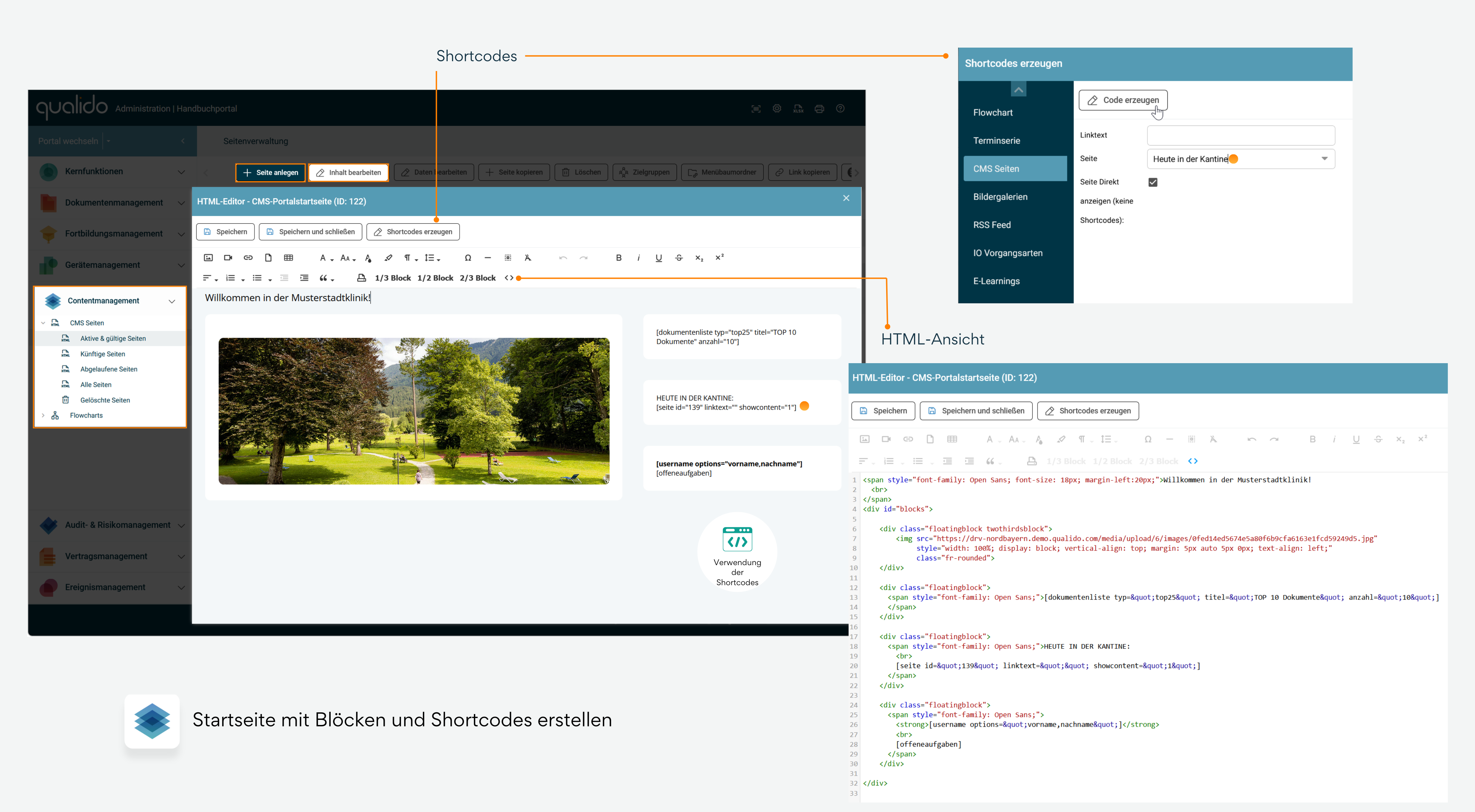 Infografik zeigt die Möglichkeit, eine CMS-Seite als Startseite für die Mitarbeiteransicht zu konfigurieren. Die Darstellung zeigt, wie eine benutzerdefinierte CMS-Seite in den Startbildschirm integriert wird, um Inhalte wie Texte, Bilder, Links und andere Medien anzuzeigen.
