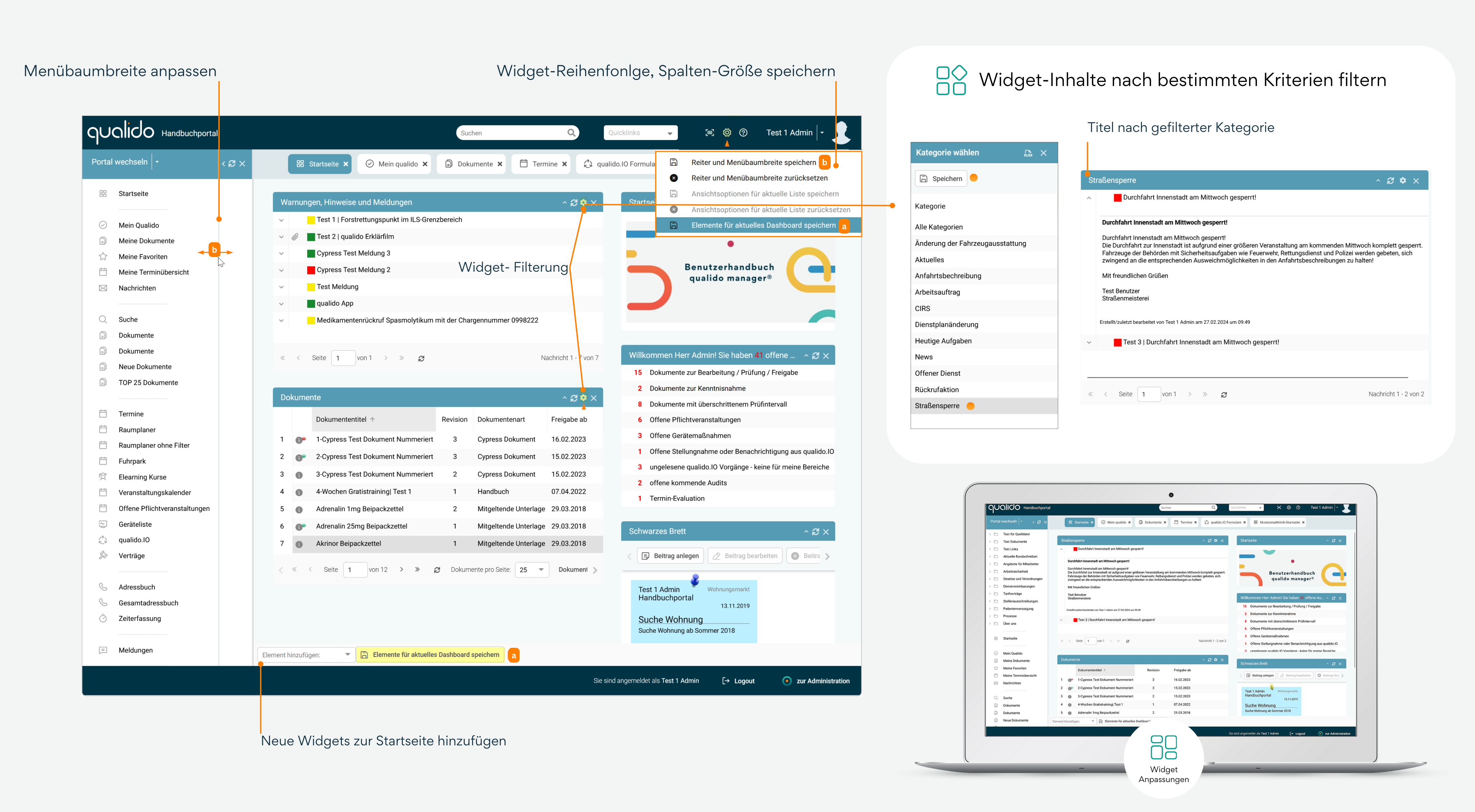 Infografik zeigt Widgets für Dokumente, Veranstaltungskalender, Meldungen und Warnungen-Hinweise-Meldungen auf dem Startbildschirm. Es wird verdeutlicht, dass die Inhalte dieser Widgets nach verschiedenen Kriterien gefiltert werden können