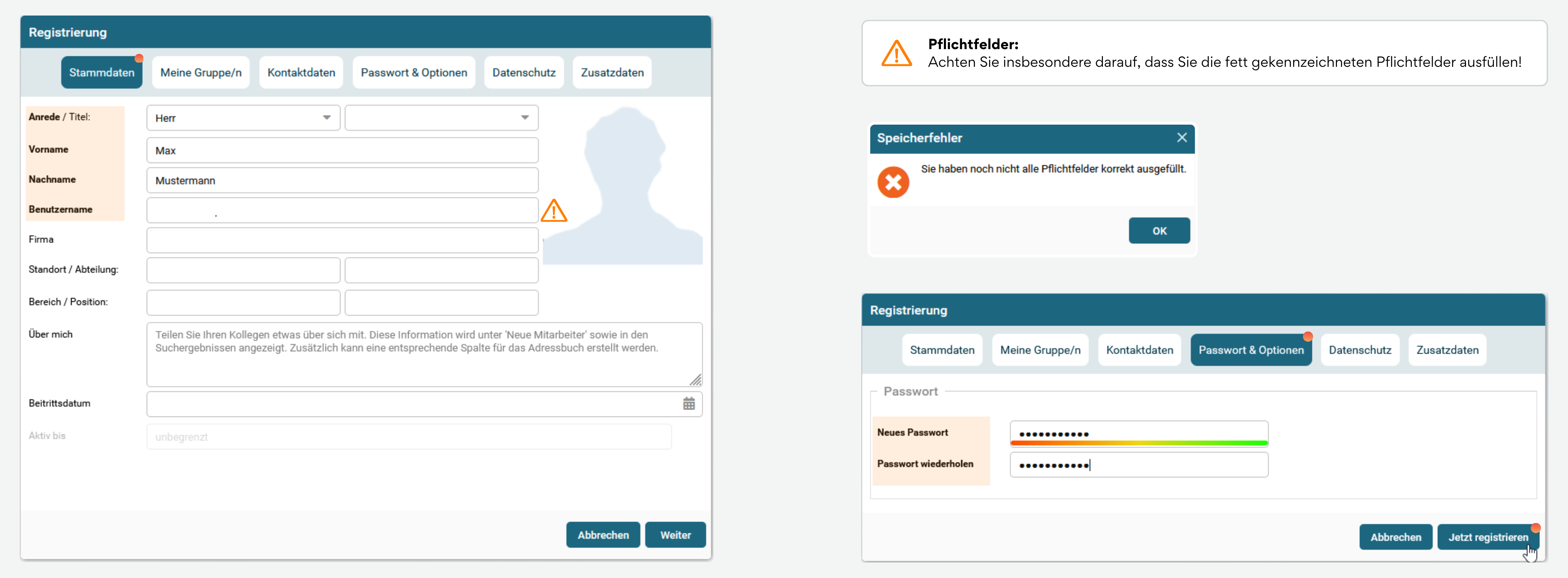 Pflichtangaben in einem Eingabefenster sind fett hervorgehoben. Ohne einen Eintrag in ein Pflichtfeld lassen sich die Daten nicht speichern.