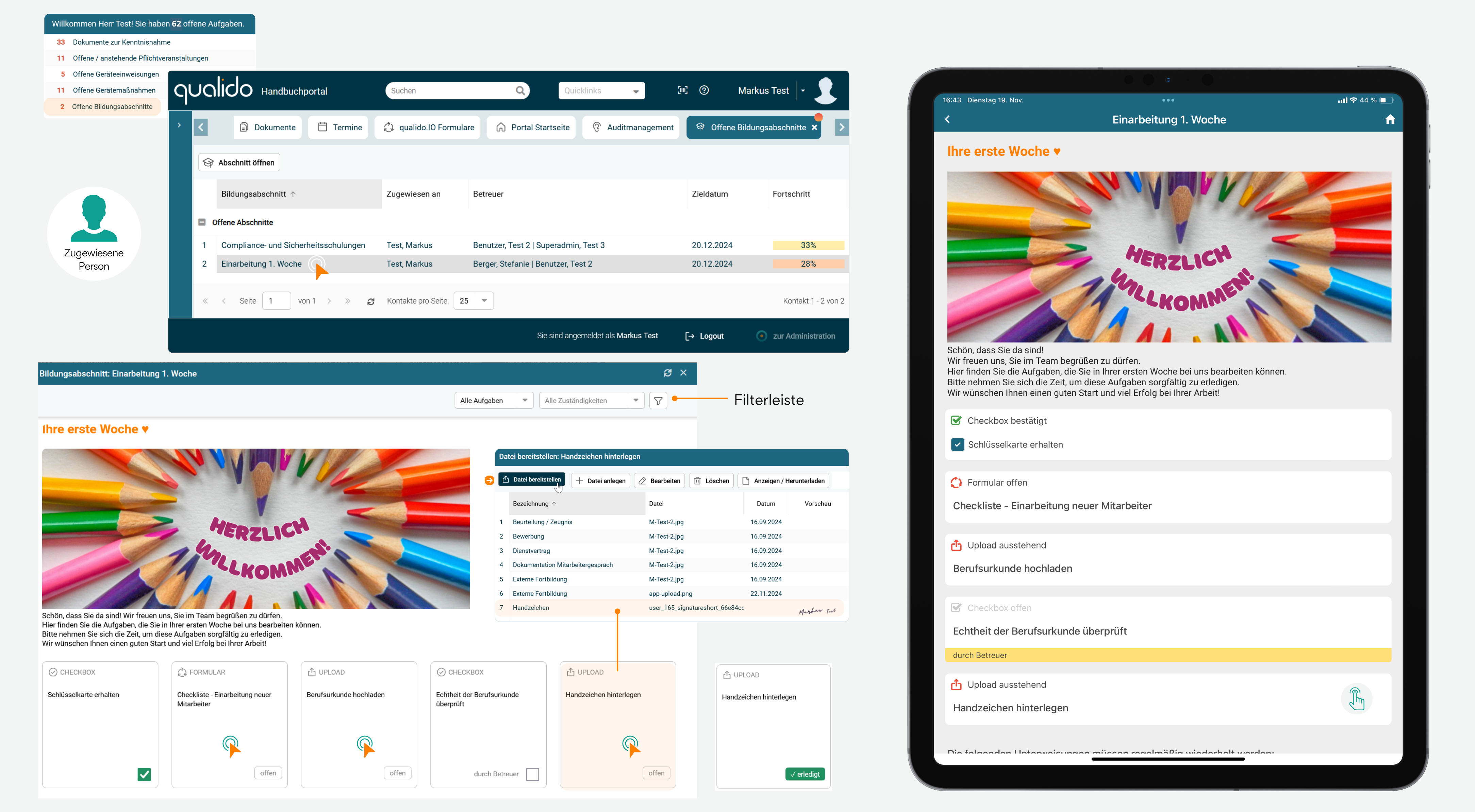 Infografik mit Screenshots, die zeigt, wie Bildungsabschnitte bequem über den Desktop und die qualido-App erledigt werden können.